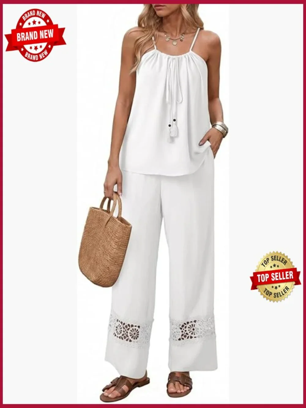 2 Piece Set Summer Spaghetti Strap Tie Knot Top Lace Wide Leg Pants Set